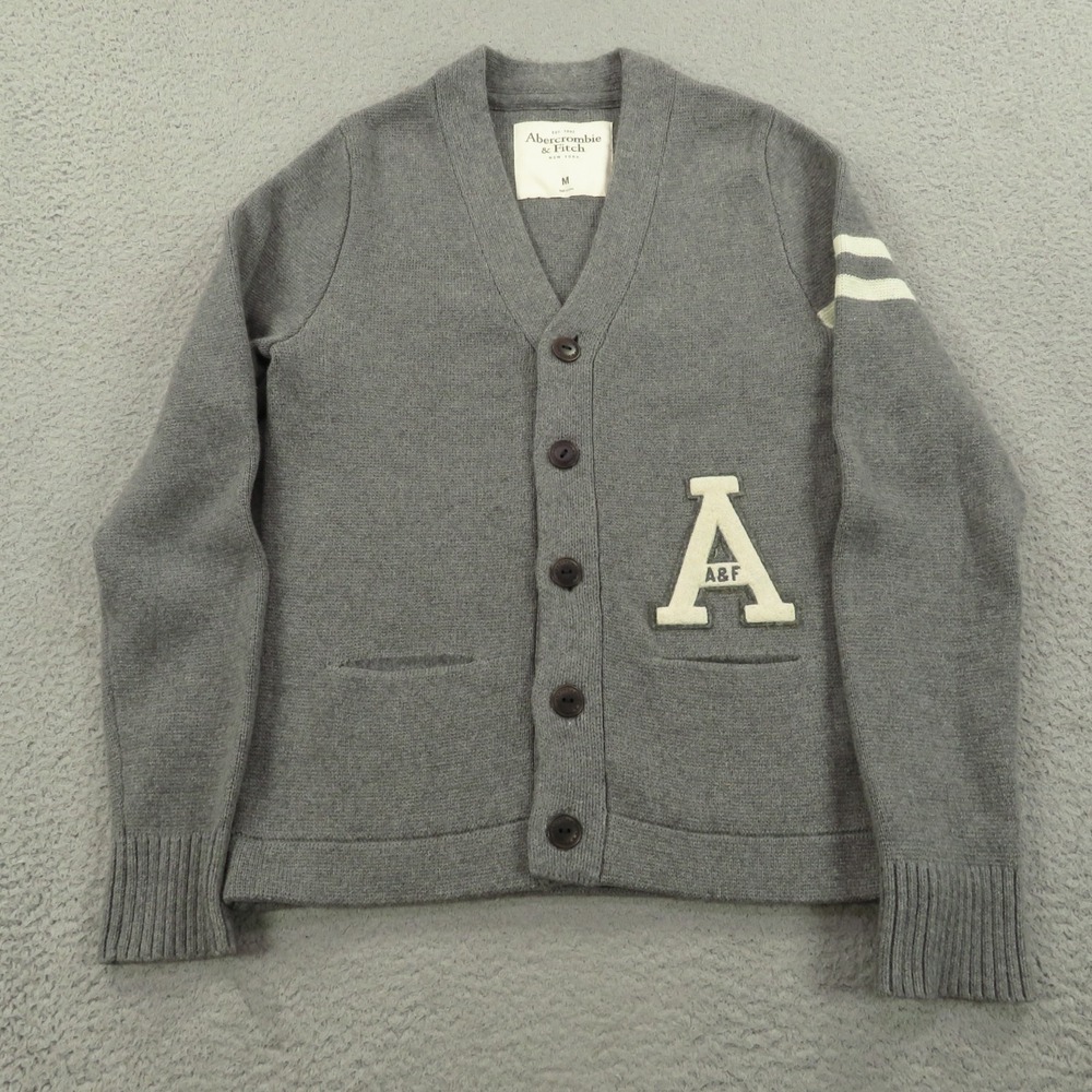 Abercrombie & Fitch Sweater Mens Medium Grey Varsity Collegiate Cardigan Preppy
